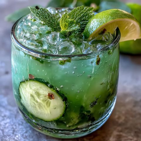Vibrant Green Detox Cucumber Mint Agua Fresca, chilled with mint and lime.