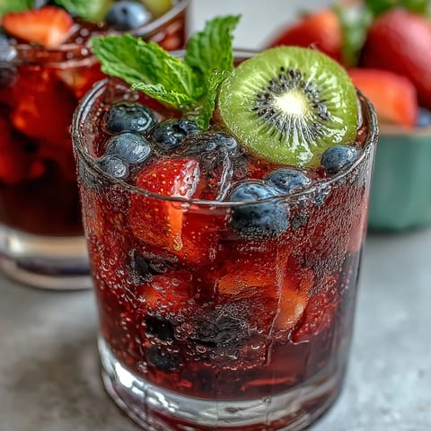 Beautiful Iced Hibiscus Berry Tea swirling with fresh berries and citrus slices.