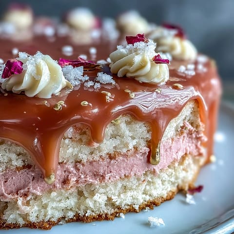 Elegant pink Bridal Shower Rosé Velvet Cake with shimmering gold drip.