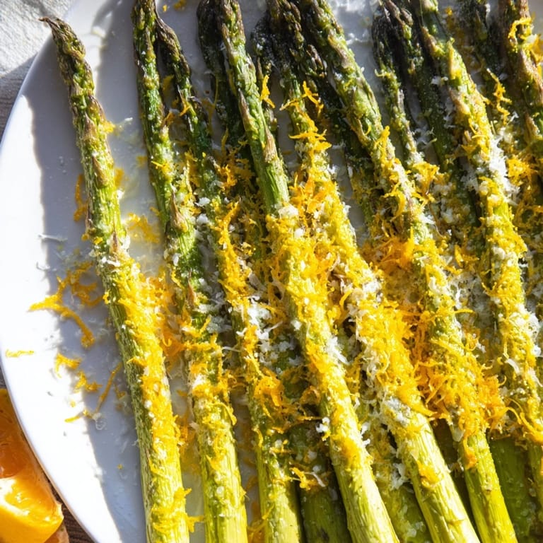 Tender, flavorful Roasted Asparagus with Lemon Zest and Parmesan ready to be served hot.