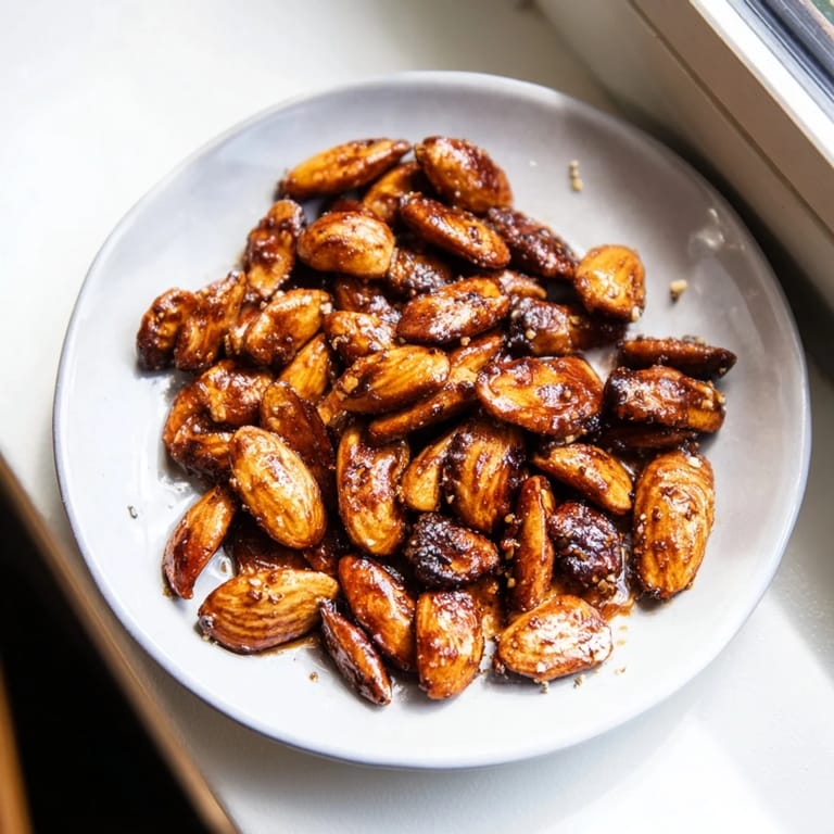 Close-up of crispy Simple Garlic-Honey Roasted Pecans, perfectly roasted and seasoned, ready to eat immediately.