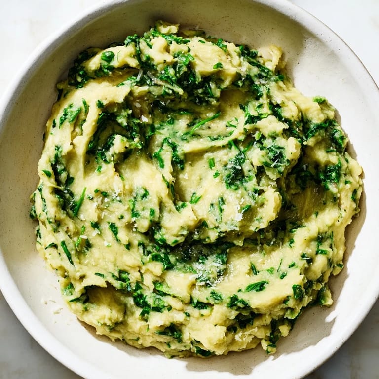 Steaming-hot, vibrant green creamy spinach and Parmesan mashed potatoes, ready to be served.