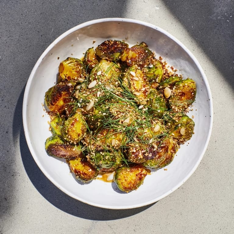 A close-up of delicious Crispy Honey-Soy Glazed Brussels Sprouts, bursting with sweet and savory flavors in every bite.