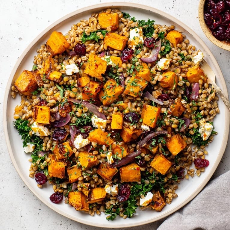 A close-up of a colorful Harvest Grain Bowl, with ingredients like cranberries and pumpkin seeds topping it.