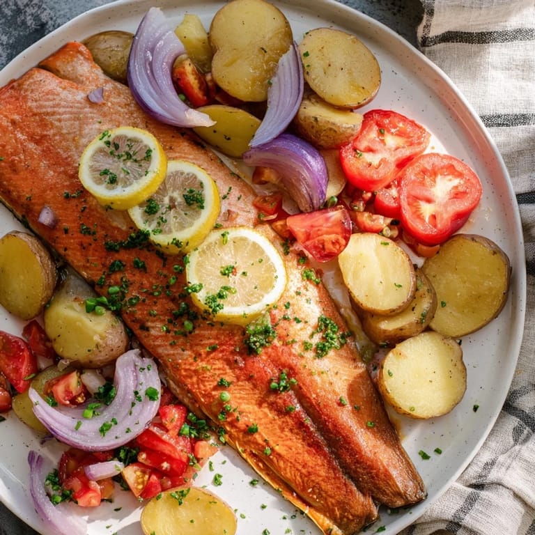 Vibrant image of One-Tray Baked Trout sizzling with garlic and herbs, ideal for a pescatarian dinner.