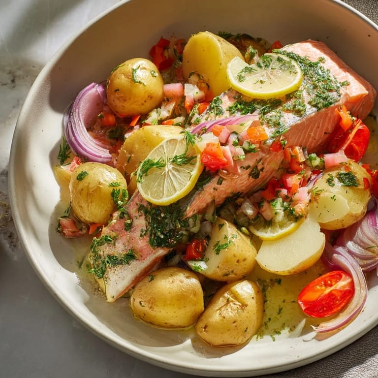 Savory One-Tray Baked Trout recipe featuring tender fish baked with tomatoes, lemon, and potatoes.