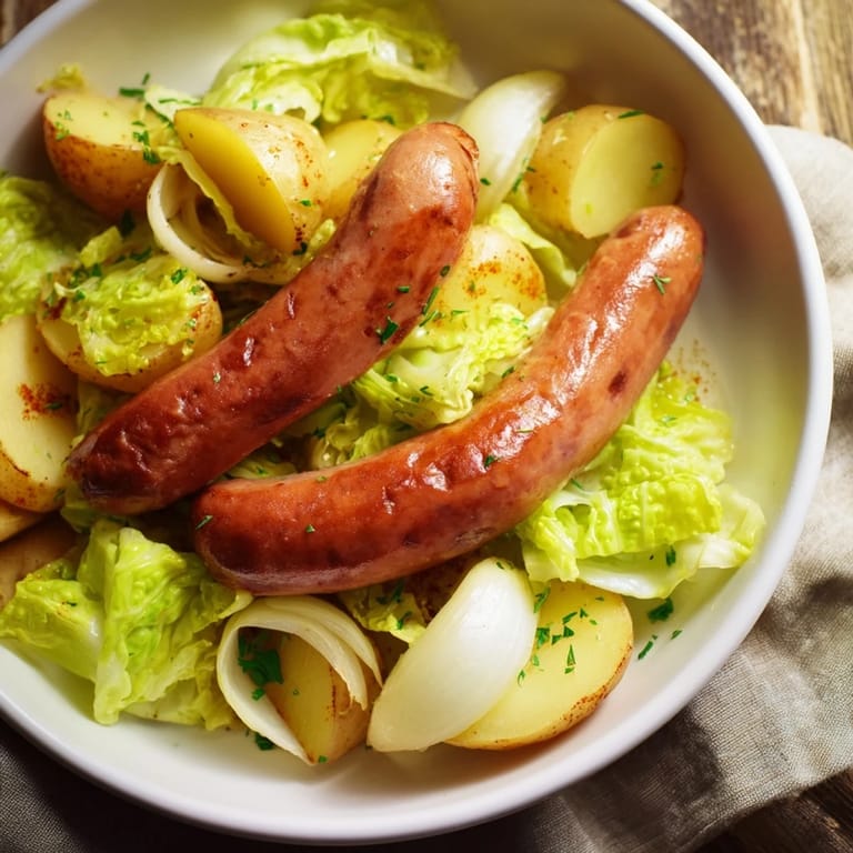 Flavorful All-in-One Pan Sausage and Cabbage Bake with potatoes, perfect for a cozy dinner.