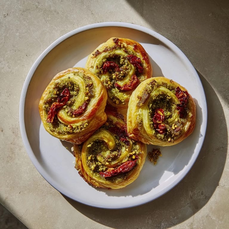 These perfectly swirled Savory Sun-Dried Tomato and Pesto Palmiers are a tasty appetizer, ready to serve!