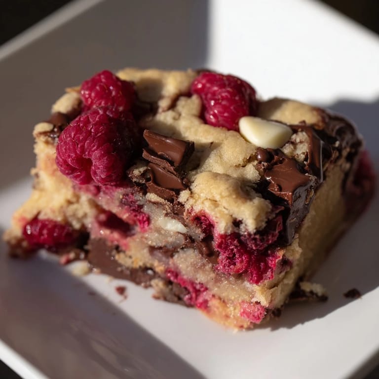 A close-up of a square of perfectly baked Decadent White Chocolate and Raspberry Blondies, oozing deliciousness.