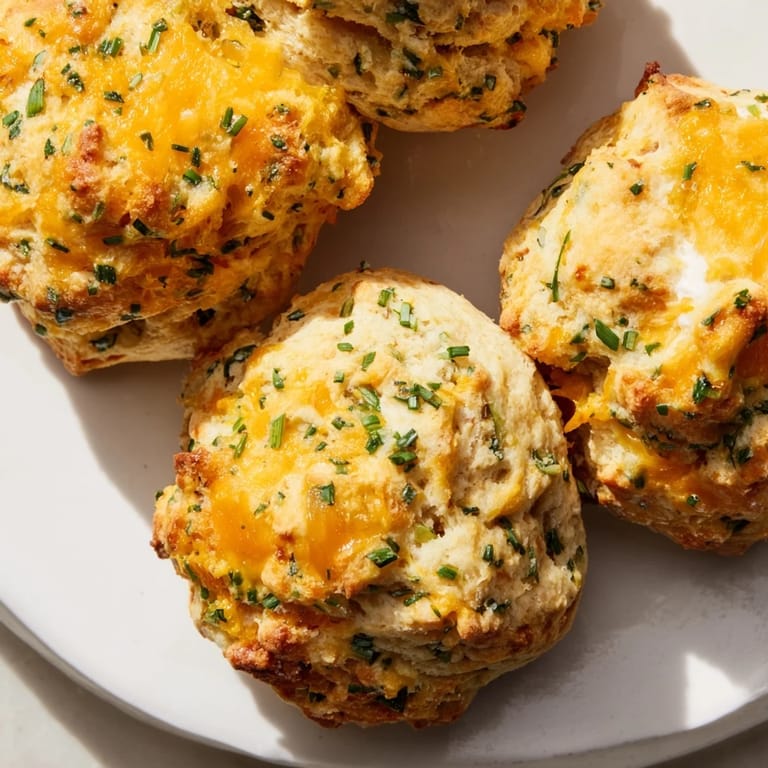 Buttery golden cheddar and chive scones, showcasing the cheese and chive flecks within the baked dough.
