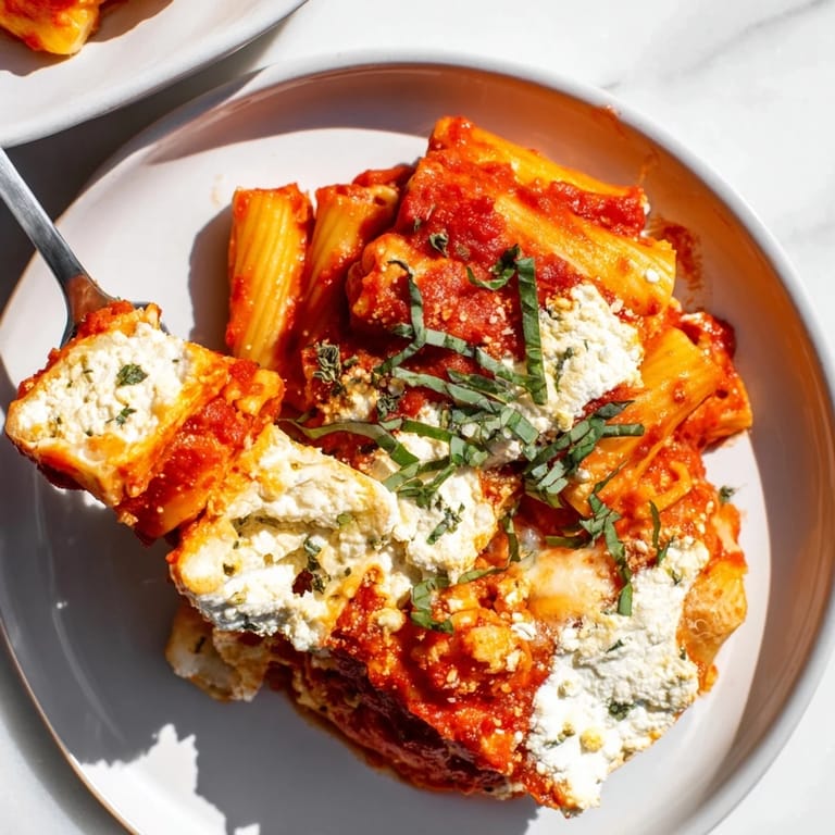A family-style serving of flavorful One-Dish Baked Ziti with Three Cheeses, ready for a comforting Italian dinner.