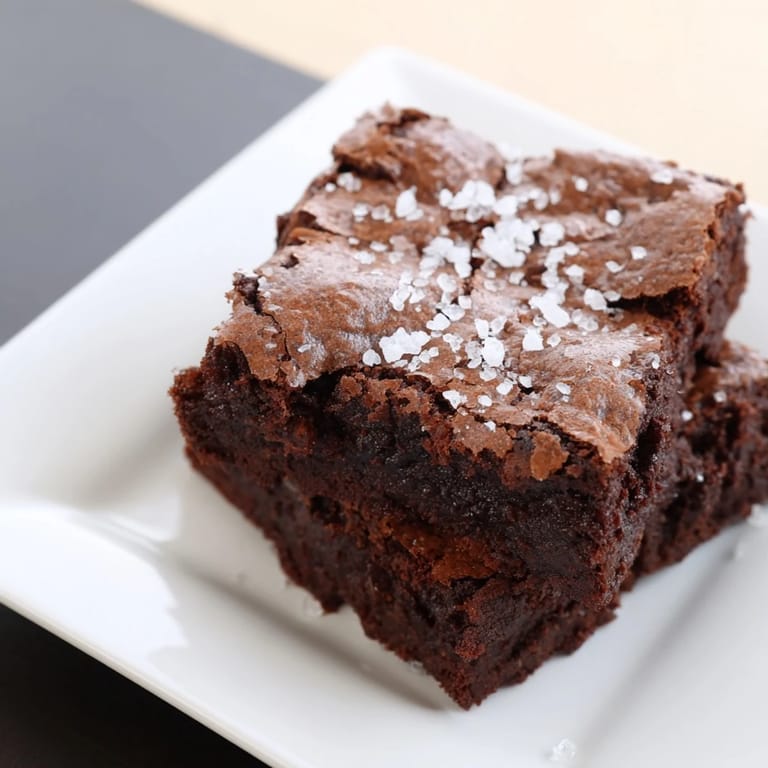 Close-up of freshly baked homemade dark chocolate and sea salt brownies; offering rich, dark flavors.
