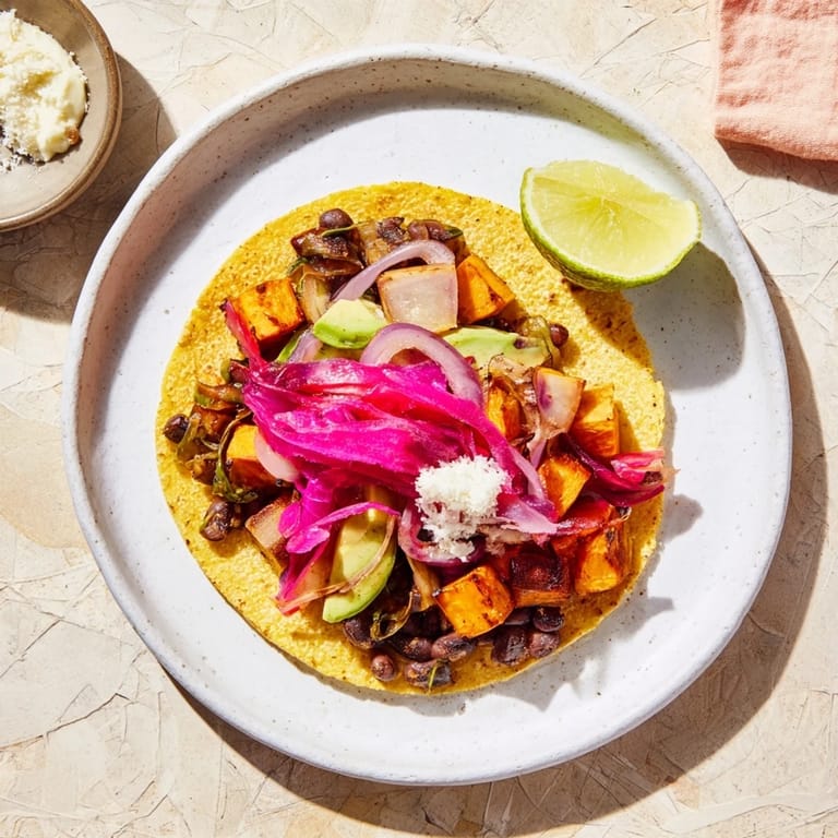 A colorful plate of Quick Sweet Potato and Black Bean Tacos, bursting with fresh cilantro and lime wedges.