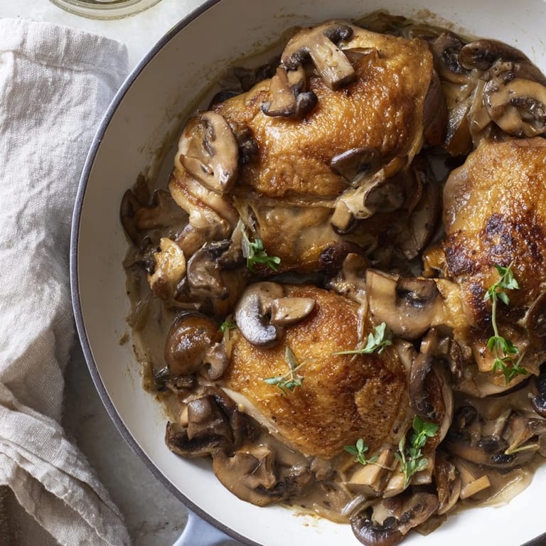 Imagine tender Skillet-Seared Chicken Breast, showcasing a creamy mushroom sauce and garnished with fresh parsley.