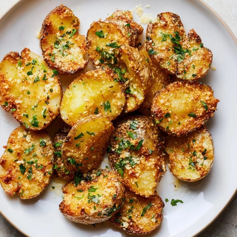 Ultra-crispy Garlic Parmesan Potatoes, golden-brown and fragrant, baked until perfectly tender and irresistible.