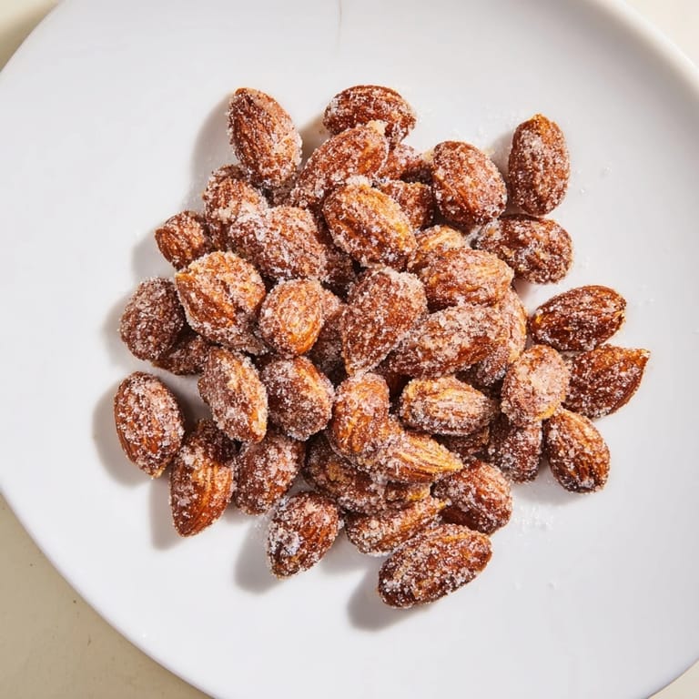 A close-up of a bowl filled with delicious cinnamon roasted almonds, perfect for snacking.