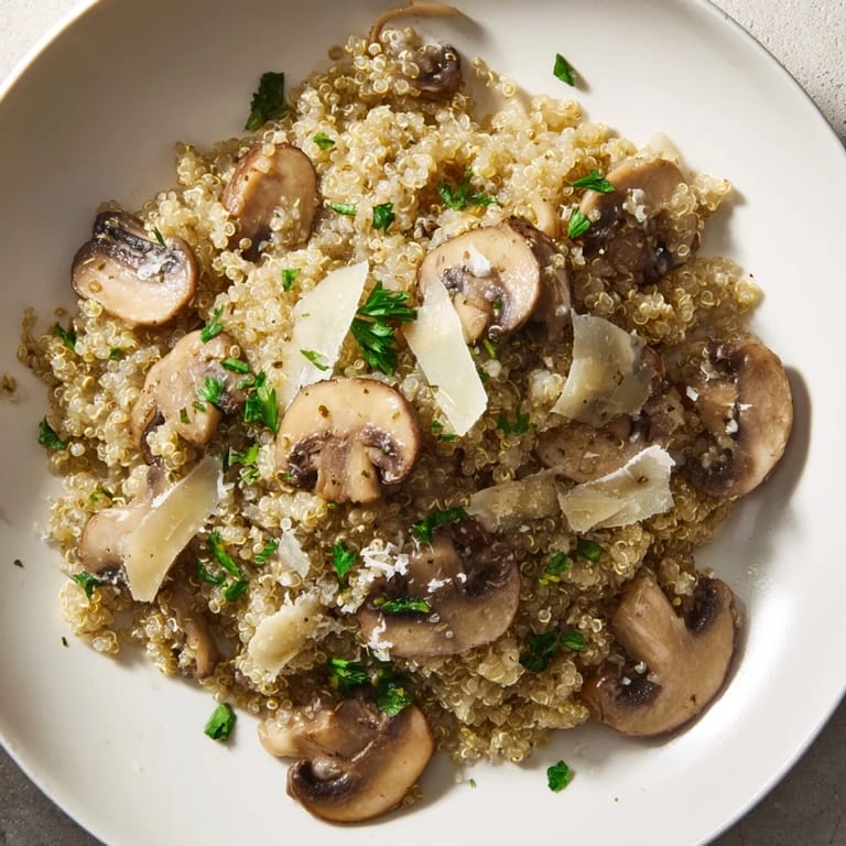 A bowl of hot mushroom quinoa risotto, garnished with parsley, looks and smells delicious.