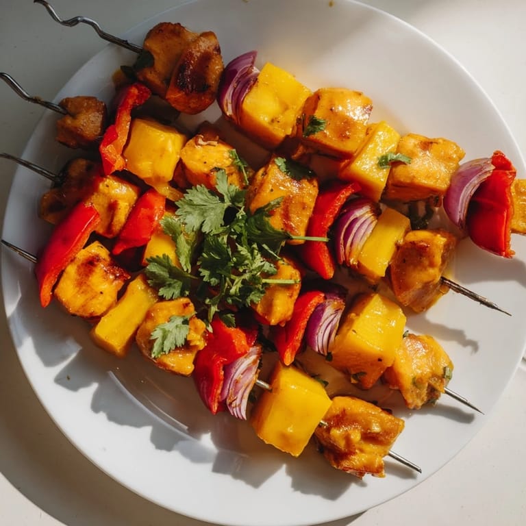 Grilled Mango Lime Chicken Skewers, boasting tender chicken and sweet, caramelized vegetables and a tropical aroma.
