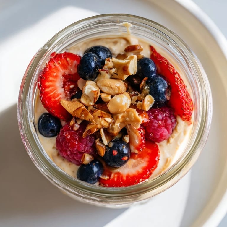 Vibrant parfait: creamy Greek yogurt swirled with cashew butter, fruit and granola, ready to eat.
