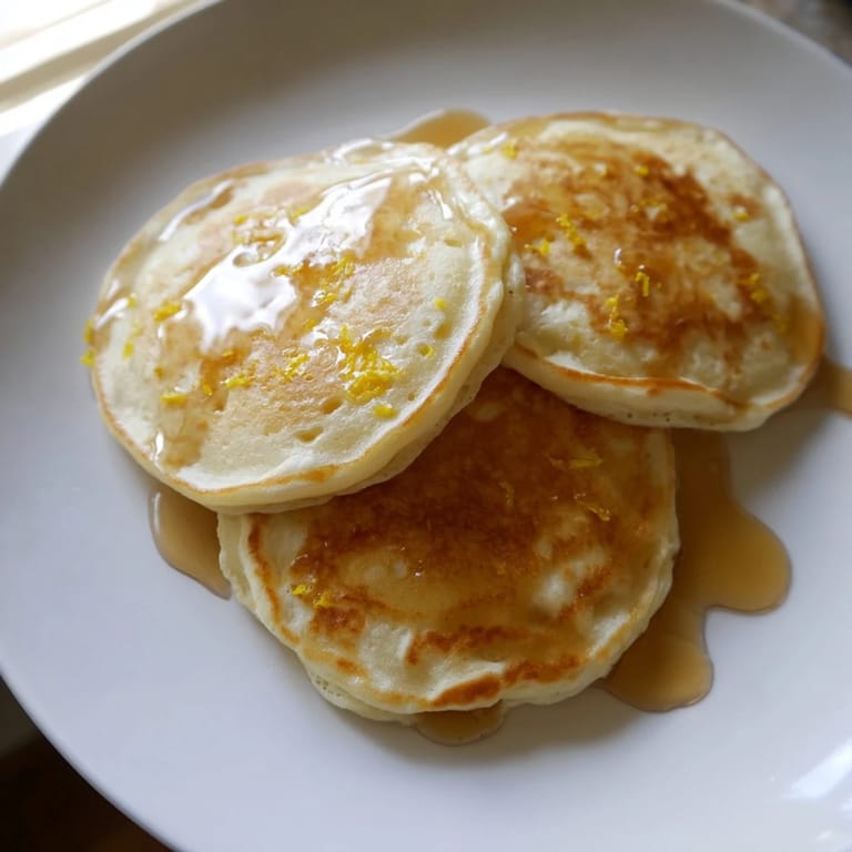 Warm plate of Lemon Ricotta Pancakes, offering a creamy, lemony taste for breakfast served with fruit.