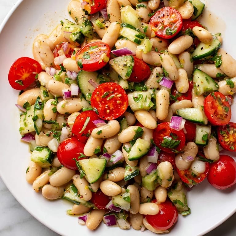 A close-up shot of refreshing white bean salad, perfect for a light vegetarian lunch option.