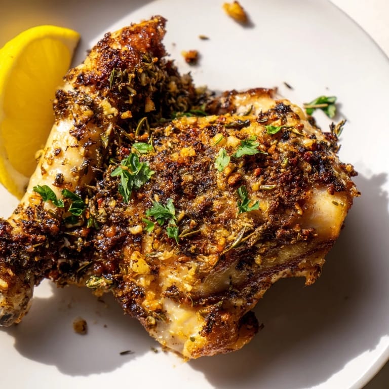 Perfectly browned crispy garlic chicken thighs, offering a delicious, savory meal with herbs.