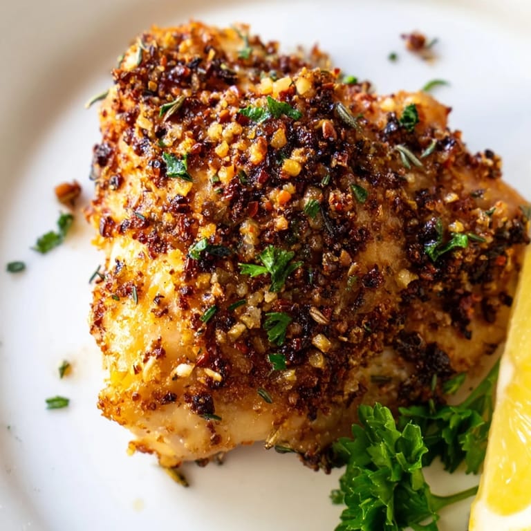 Close-up of freshly cooked crispy garlic chicken thighs, ready with a flavorful, golden crust.