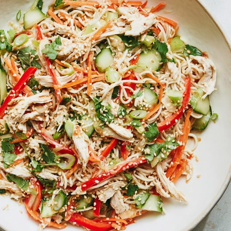 Close-up of a refreshing Chicken Noodle Salad, with noodles and colorful vegetables beautifully arranged.