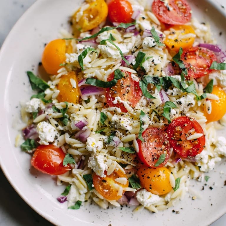 A beautiful bowl of Tomato Feta Orzo, a refreshing Mediterranean side dish, perfect for summer.