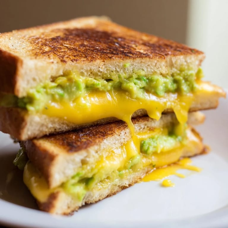 Perfectly browned bread surrounds a gooey Avocado Toast Grilled Cheese; imagine the rich, cheesy flavors.