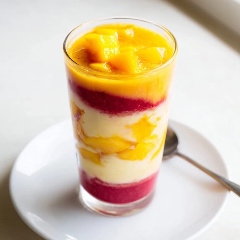 Vibrant Tropical Sunset Smoothie layers in clear glasses, ready for a refreshing, healthy treat with fruit.