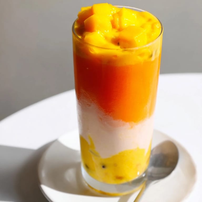 Cool and creamy Tropical Sunset Smoothie with an ombré effect, perfect start to any bright summer day.