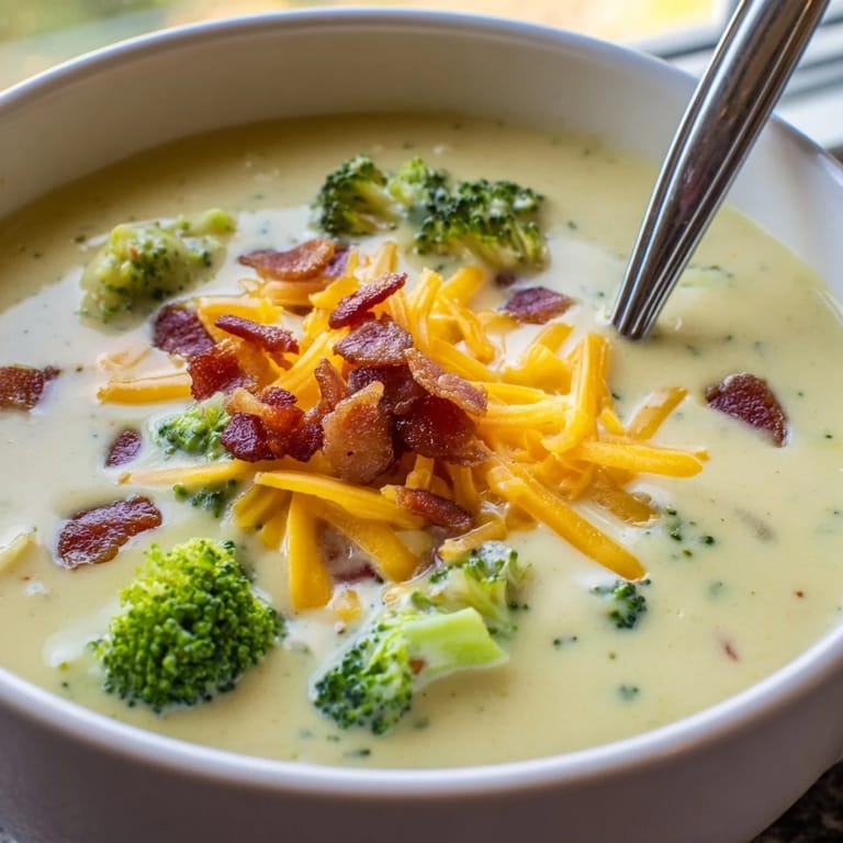 Thick and cheesy, this Broccoli Cheddar Soup is topped with bacon crumbles, imagine the aroma!
