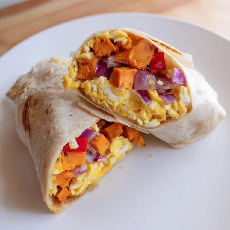 A warm, wrapped sweet potato breakfast burrito, featuring colorful veggies and scrambled eggs, ready to eat.