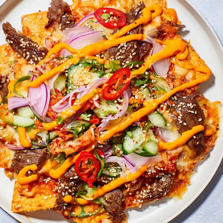 A close-up of Korean BBQ Nachos: warm tortilla chips piled high with delicious toppings for sharing.