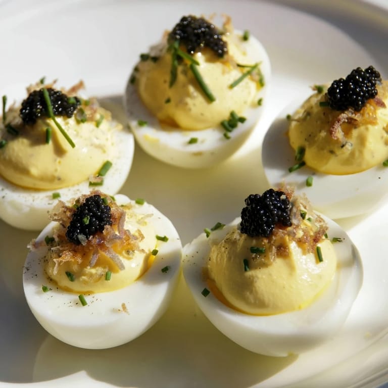 These elegant deviled eggs with caviar and crispy shallots are perfect for any upscale appetizer spread.
