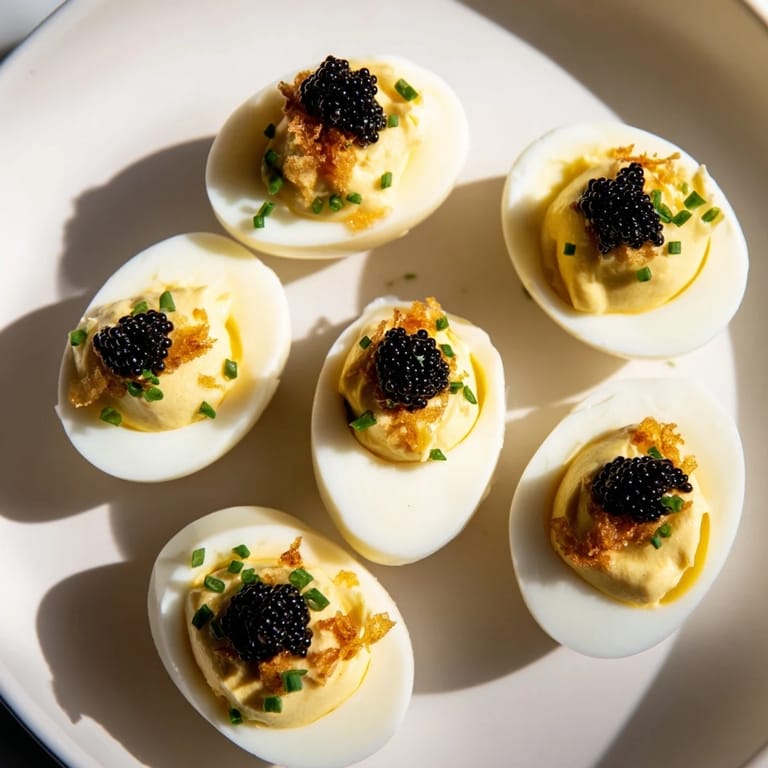 A close-up of beautifully presented deviled eggs, showcasing the decadent caviar atop the yolk filling.