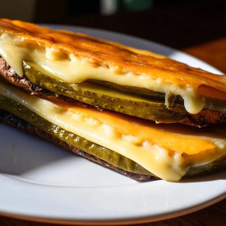 Crispy-edged Pickle Bread Sandwich with layers of melted cheddar and crunchy pickles, ready to enjoy.