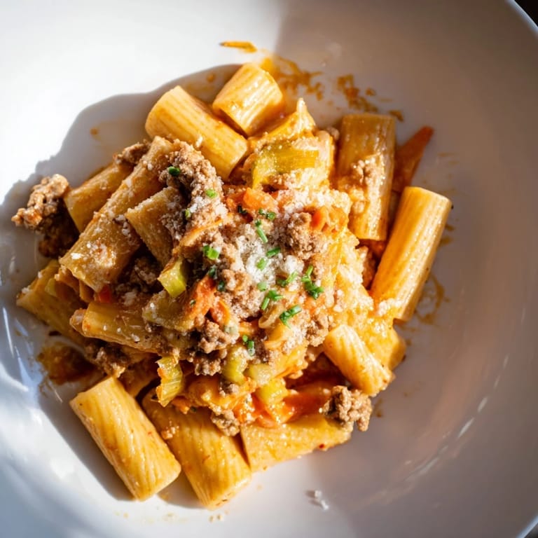 Rich, tomato-based Kimchi Ragu Pasta, showcasing a luscious texture and vibrant, spicy flavors on a plate.