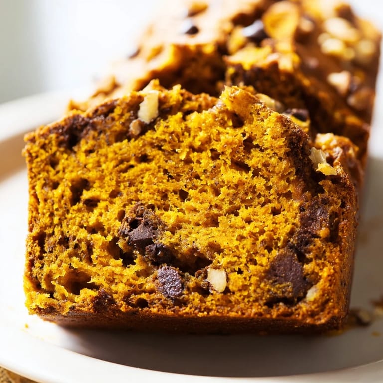 The whole pumpkin bread loaf sits on a rustic platter, garnished with a few toasted pecans, ready to be sliced for a cozy autumn breakfast.