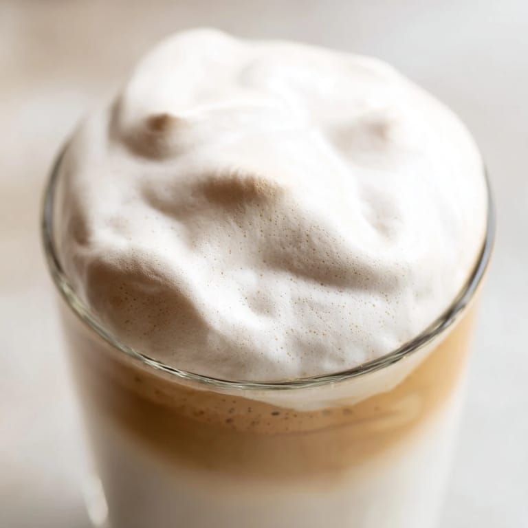A spoonful of creamy whipped Dalgona coffee is added to a hot latte.
