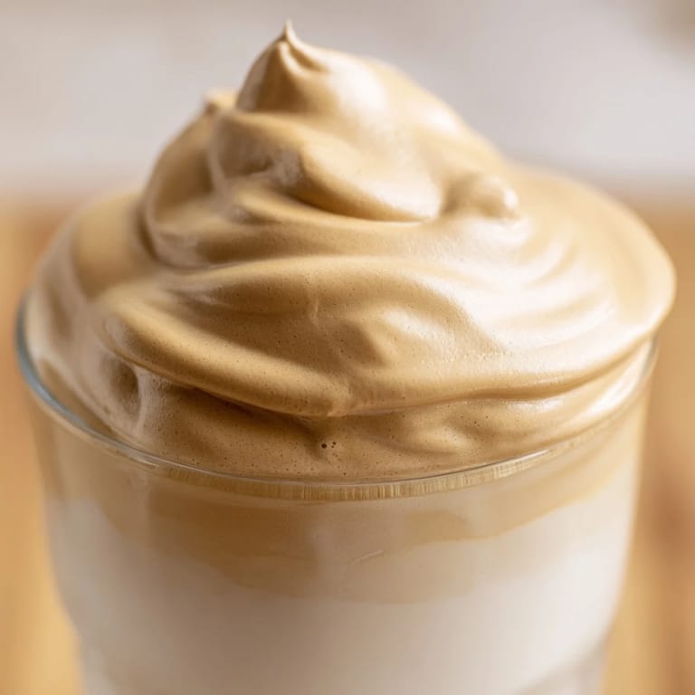 Two glasses of layered Dalgona coffee with whipped topping and milk, a café-style treat.