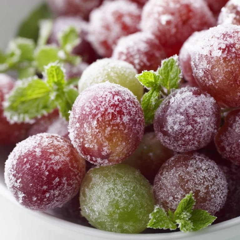 Perfect for a spa day, this Frozen Grapes Spa Treat is served chilled alongside sparkling water and a sprig of mint.