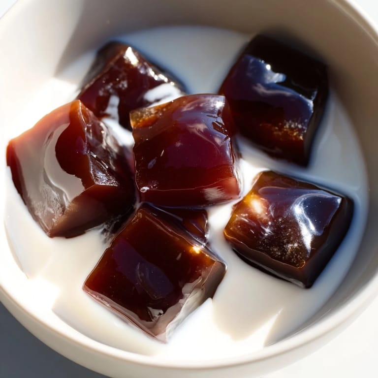 A spoonful of coffee jelly and creamy topping in a serving glass, highlighting the smooth texture of this classic chilled dessert.