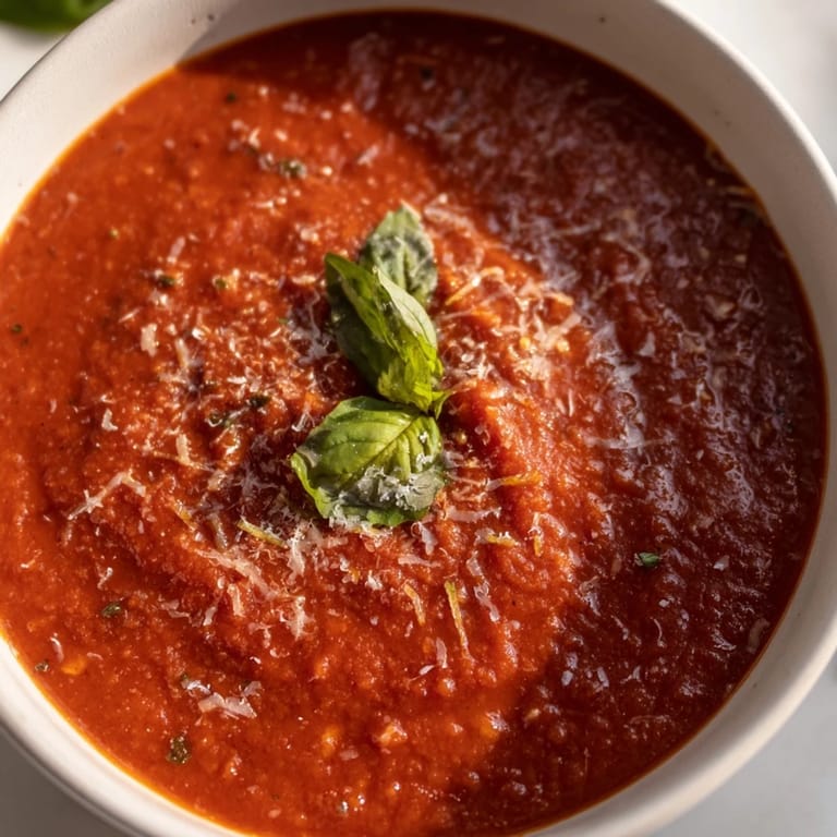 Vibrant red pasta sauce topped with fresh basil leaves, ready to be tossed with your favorite pasta for a comforting dinner.