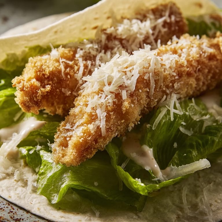 A close-up of a fully assembled Crispy Chicken Caesar Wrap, served with lemon wedges on a rustic wooden table for a quick lunch.
