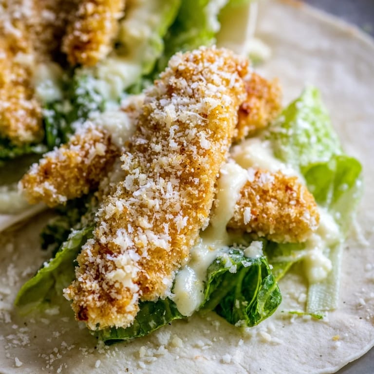 Sliced Crispy Chicken Caesar Wrap halves reveal layers of crunchy chicken, shaved Parmesan, and tangy dressing on a soft tortilla.