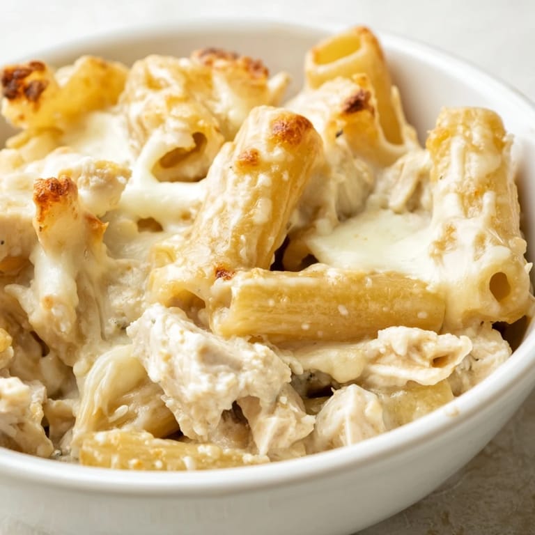 Spoonful of creamy Chicken Ranch Pasta Bake featuring penne pasta, chicken, and a golden mozzarella topping.