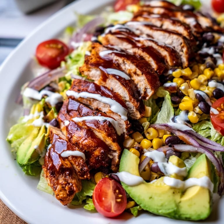 A hearty BBQ Chicken Salad with juicy chicken, sweet corn, black beans, and a drizzle of zesty ranch, served on a white plate.