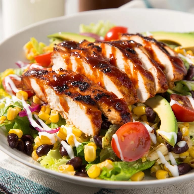 Colorful BBQ Chicken Salad features smoky grilled chicken, fresh cherry tomatoes, red onion, and creamy avocado over vibrant romaine lettuce for a satisfying meal.